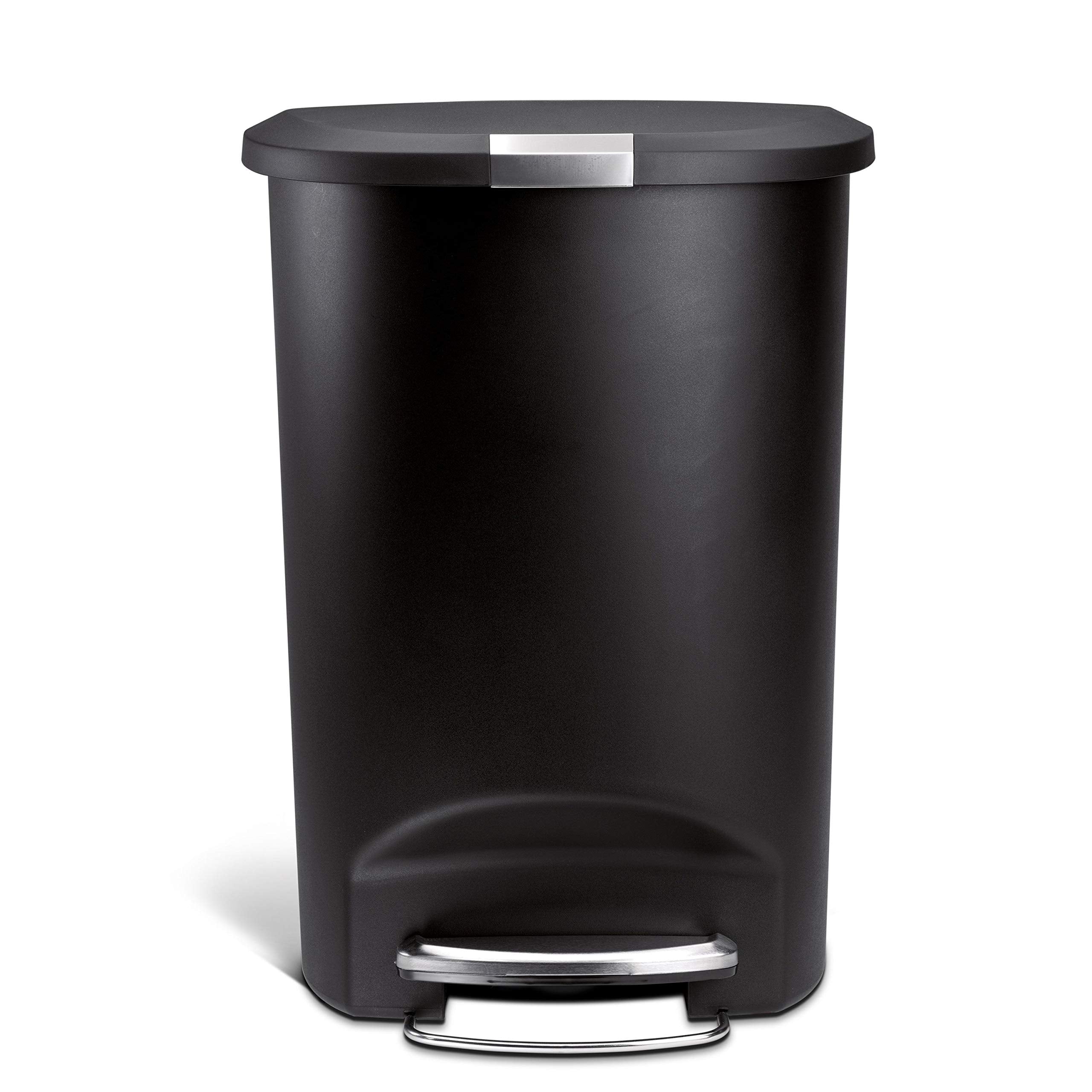 Simplehuman 50 Liter / 13 Gallon Semi-Round Kitchen Step Trash Can With Secure Slide Lock, Black Plastic
